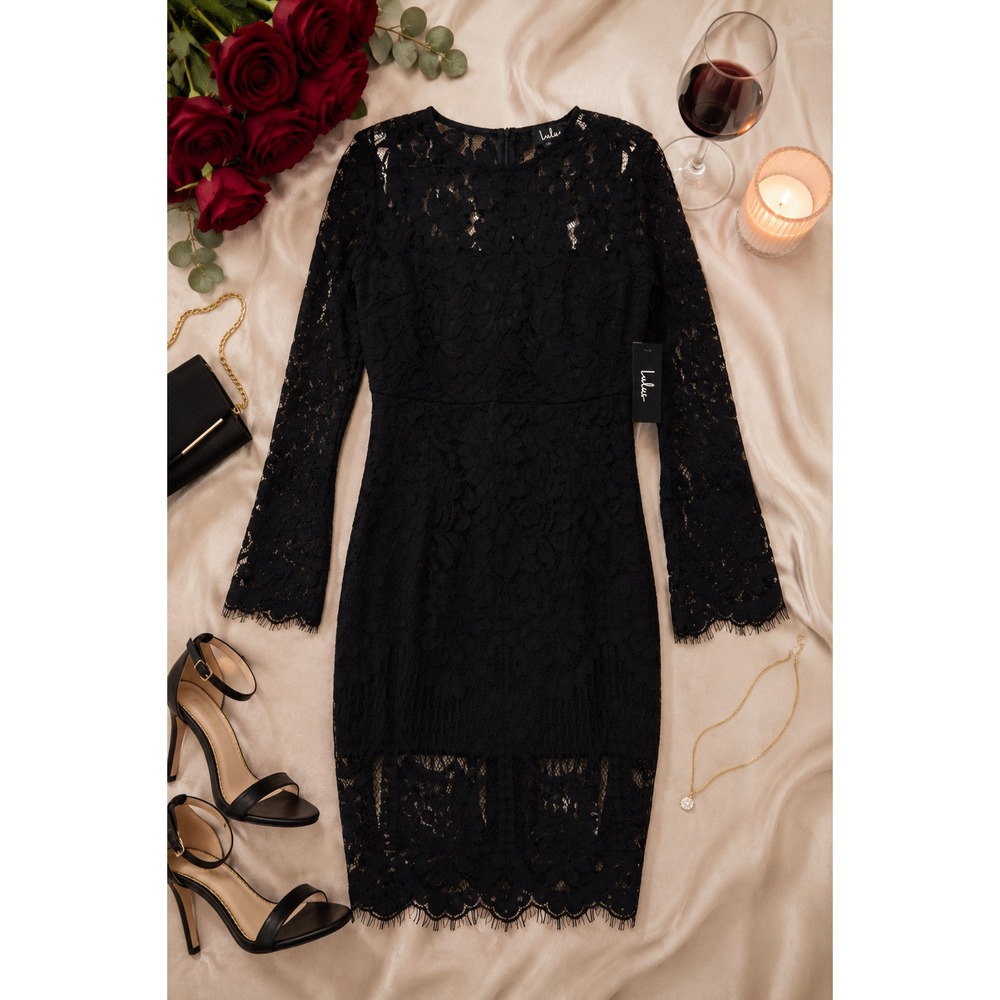 NWT Lulus Black Lace Pencil Dress, Long Bell Sleeves, Lined,  Size Medium